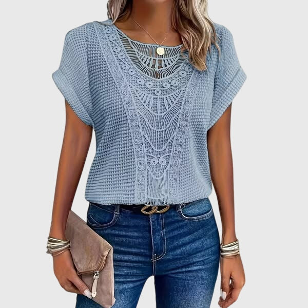 Pearl — Blouse Femme Elegante Style Ibiza Bleu Ciel Rouge Orange
