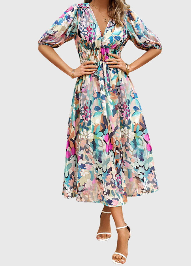 Merlin — Robe Midi Florale Femme Flatteuse Rose Bleue Verte et Fleuries
