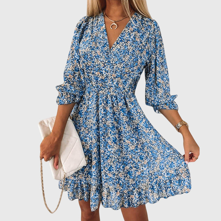 Elisa — Robe Femme Florale Manches Bouffantes Bleue Rose Verte