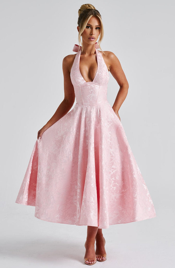 Kimberly — Robe Mariage Invitee Halter Midi Blanche Jaune Rose Elegante