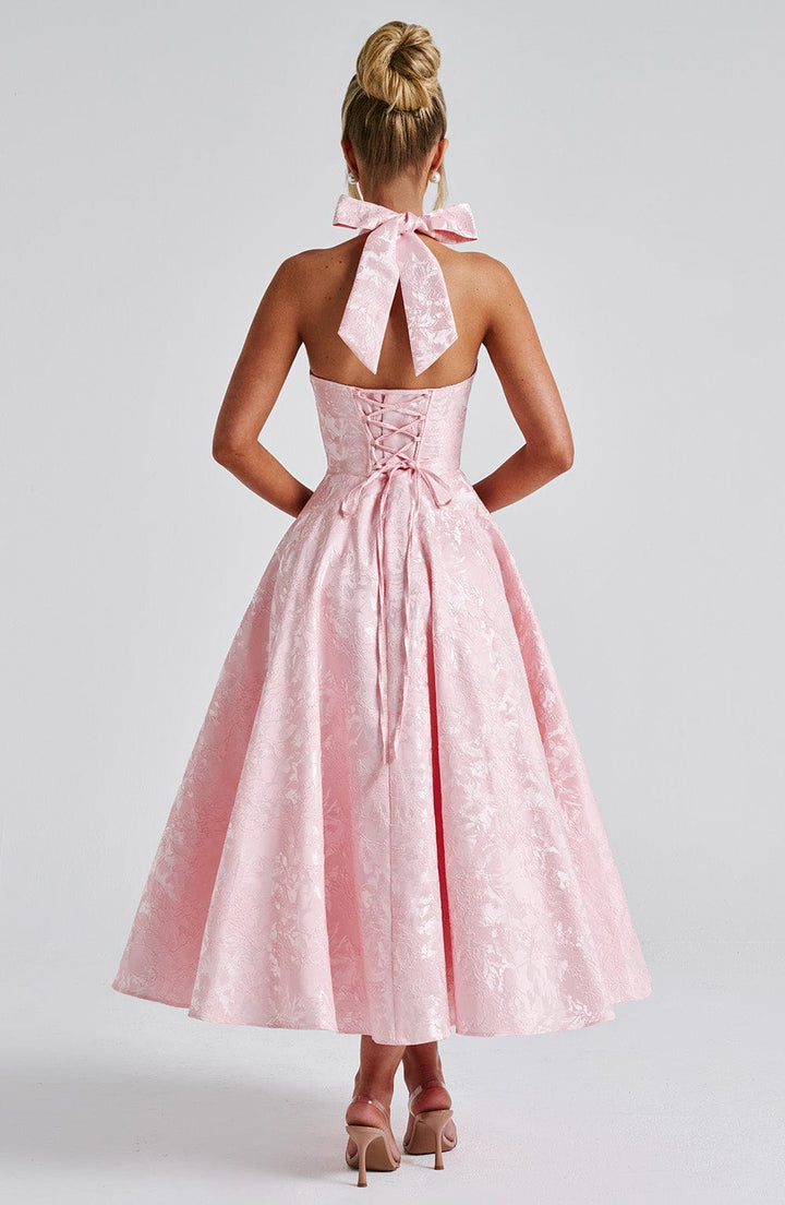 Kimberly — Robe Mariage Invitee Halter Midi Blanche Jaune Rose Elegante