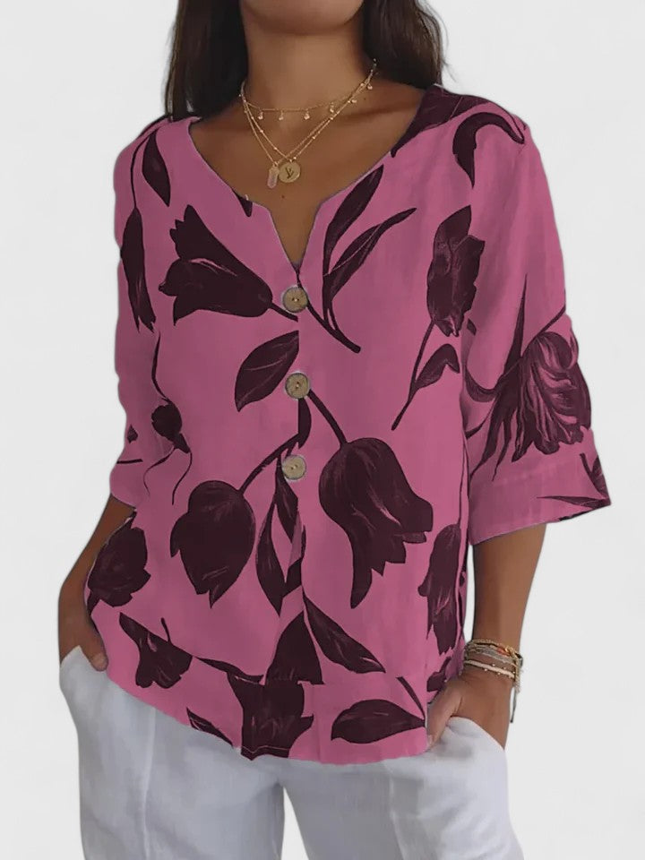 Laura — Blouse Femme Col v Rose, Bleue Pour Style Confirme