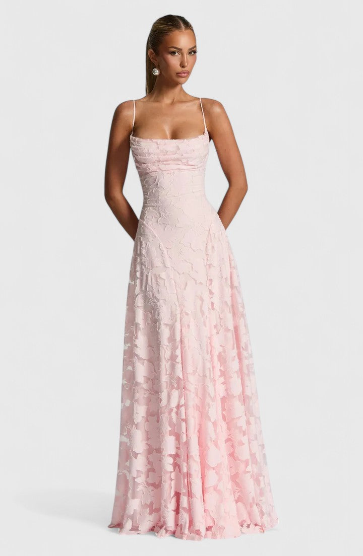 Gwenn — Robe Maxi Femme Elegante Rose Cerise Ivoire Pour Grande Soiree