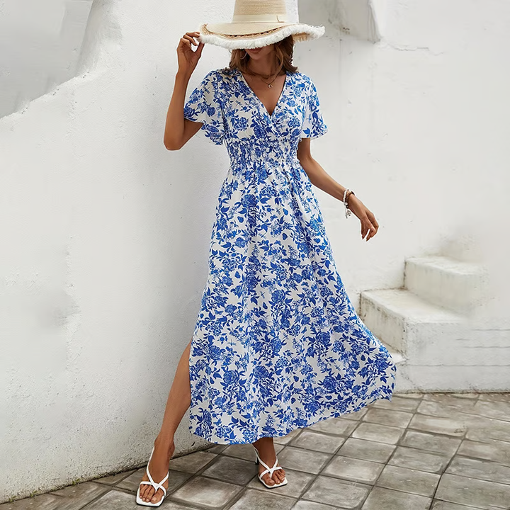 Margaret — Robe Maxi Boho Imprimee Col V Manches Courtes Pour Femme Libre