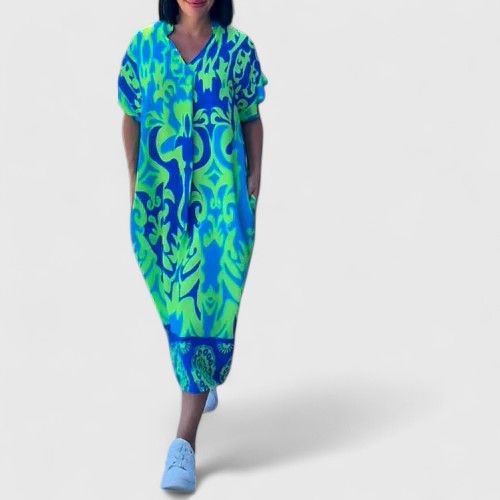 Shamcey — Robe Femme Florale Bleue, Verte, Azure Pour Style Confirme