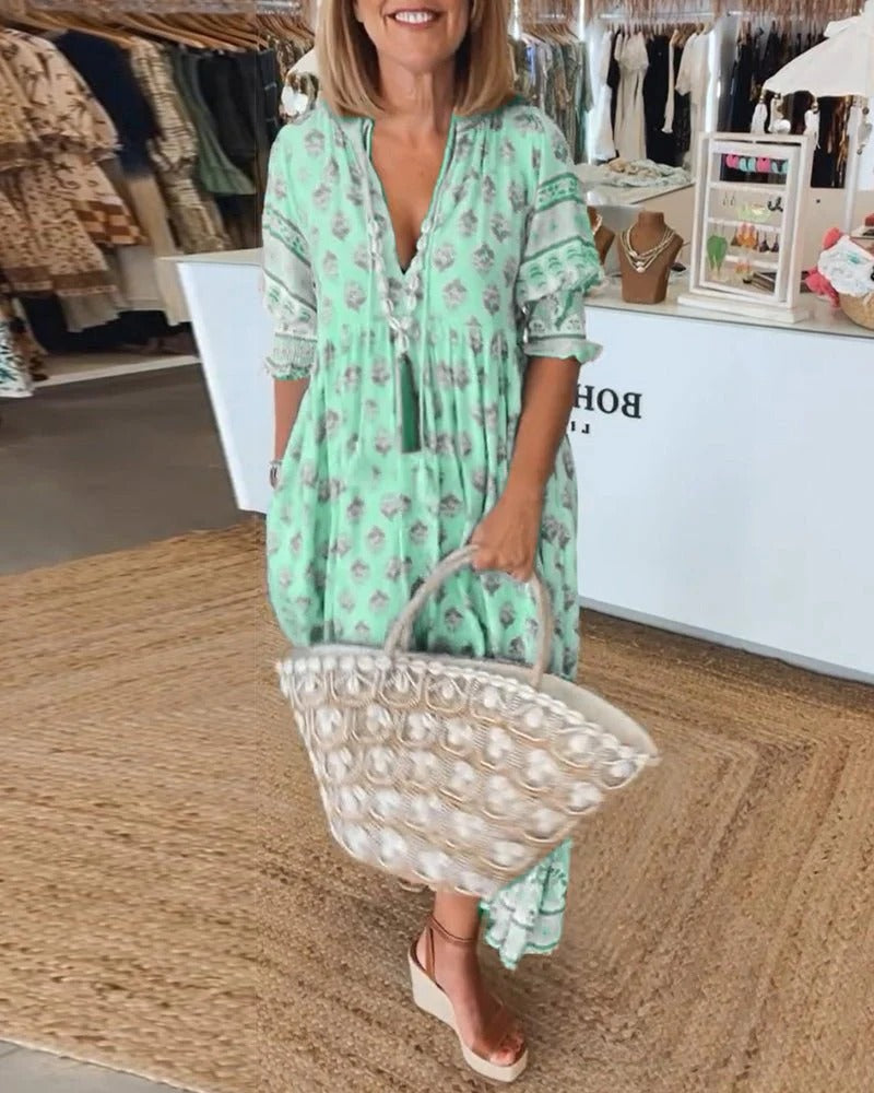 Isabella — Robe Midi Boho Imprimee Pompons Attaches Rose Bleue Verte