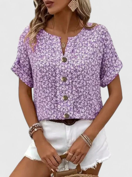 Sabine — Blouse Femme Florale Ete Violette Bleue Rose Elegante