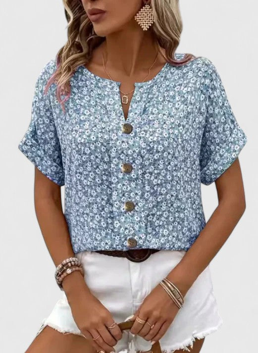 Sabine — Blouse Femme Florale Ete Violette Bleue Rose Elegante