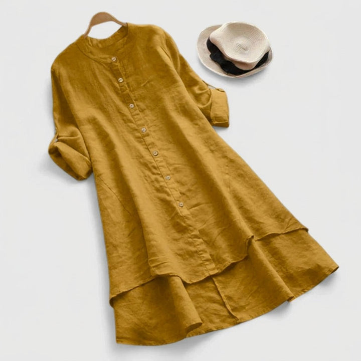Sophia — Robe Chemise Lin Boutonnee Ourlet En Couches Bleu Clair Violet Vert Kaki Rose