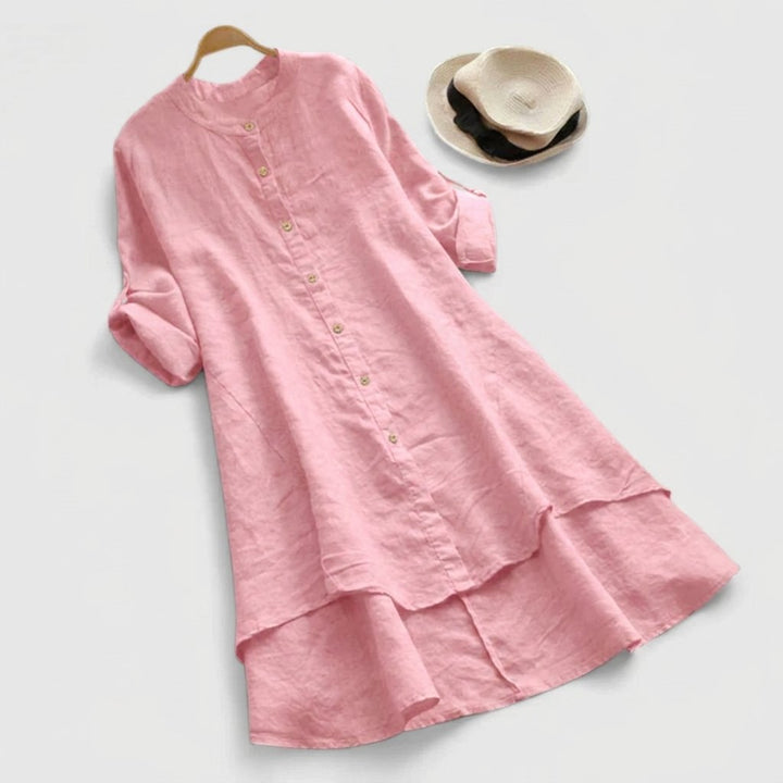 Sophia — Robe Chemise Lin Boutonnee Ourlet En Couches Bleu Clair Violet Vert Kaki Rose