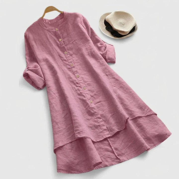Sophia — Robe Chemise Lin Boutonnee Ourlet En Couches Bleu Clair Violet Vert Kaki Rose