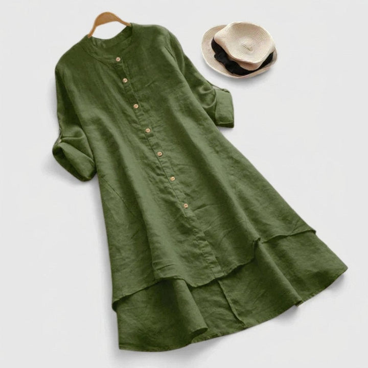 Sophia — Robe Chemise Lin Boutonnee Ourlet En Couches Bleu Clair Violet Vert Kaki Rose