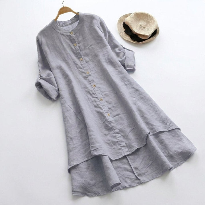 Sophia — Robe Chemise Lin Boutonnee Ourlet En Couches Bleu Clair Violet Vert Kaki Rose