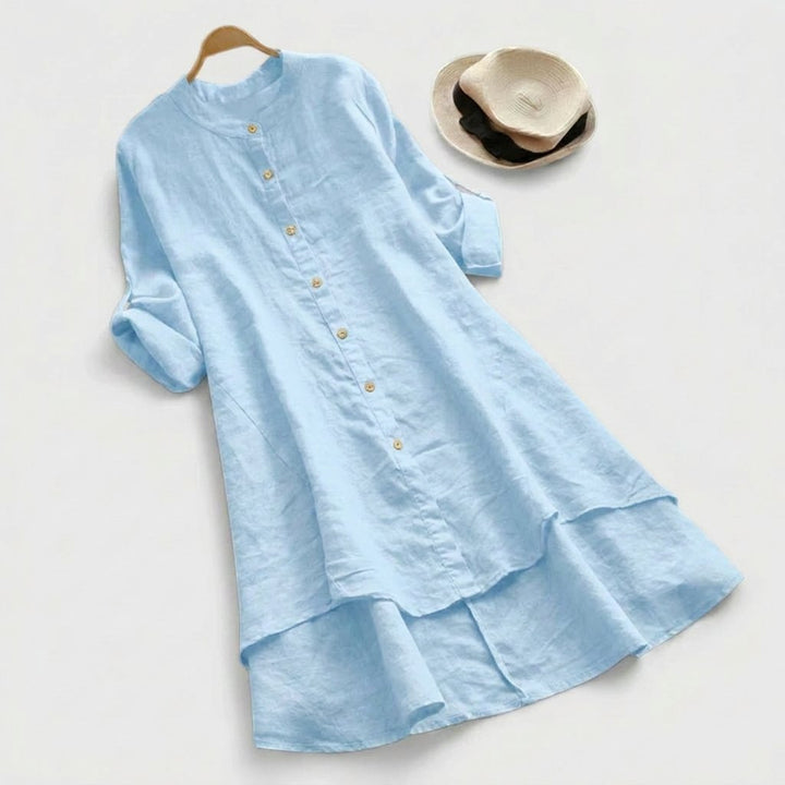 Sophia — Robe Chemise Lin Boutonnee Ourlet En Couches Bleu Clair Violet Vert Kaki Rose