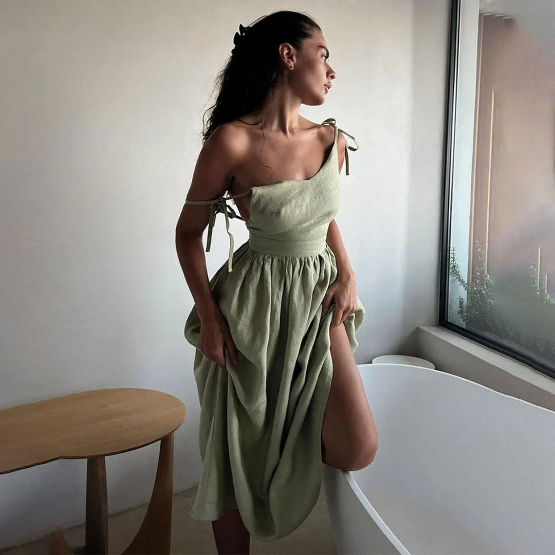 Olivia — Robe Femme Lin Noire, Light Brown, Blanche Pour Style Confirme