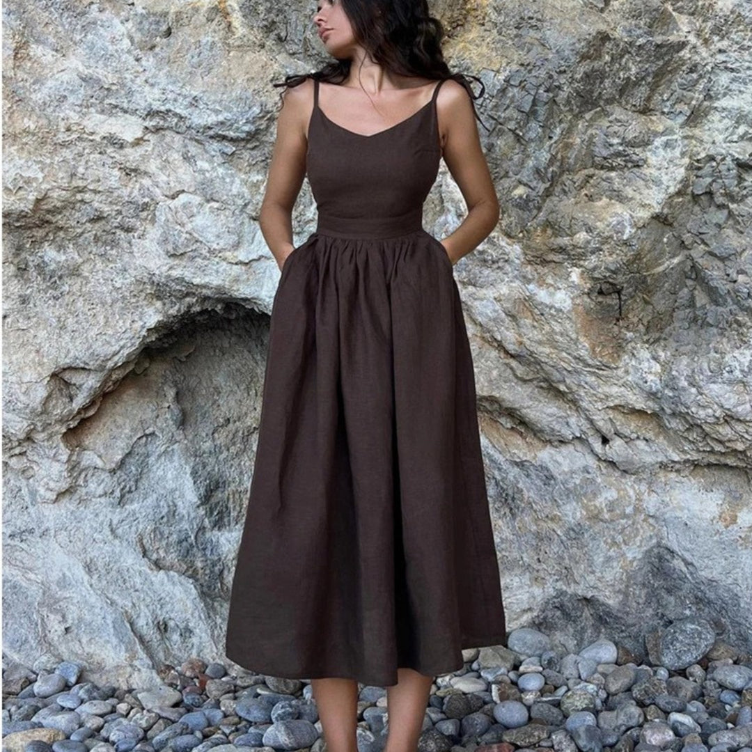 Olivia — Robe Femme Lin Noire, Light Brown, Blanche Pour Style Confirme