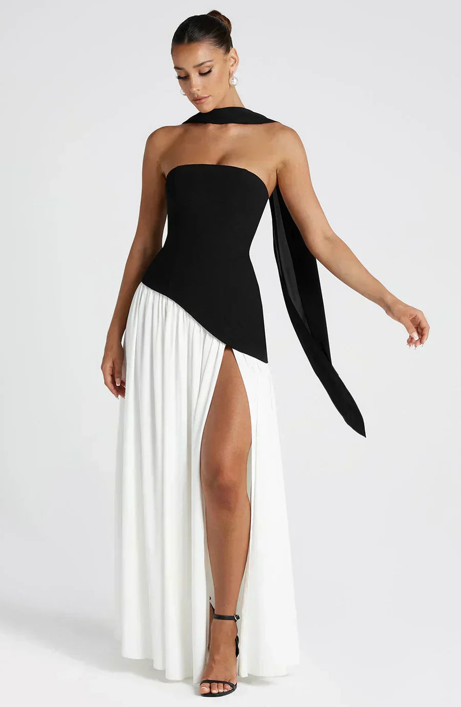 Emily — Robe Mariage Invitee Asymetrique Maxi Verte Marron Jaune