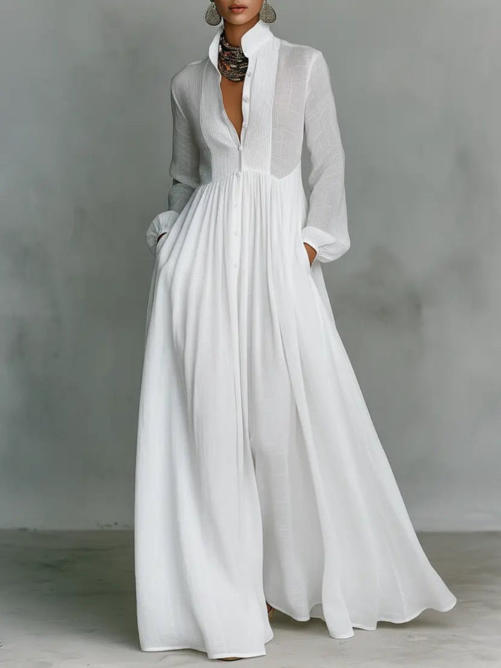 Evelyn — Robe Maxi Lin Coton Col Montant Boutonnee Noire Bleue Blanche
