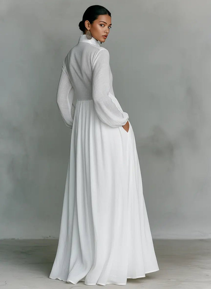 Evelyn — Robe Maxi Lin Coton Col Montant Boutonnee Noire Bleue Blanche