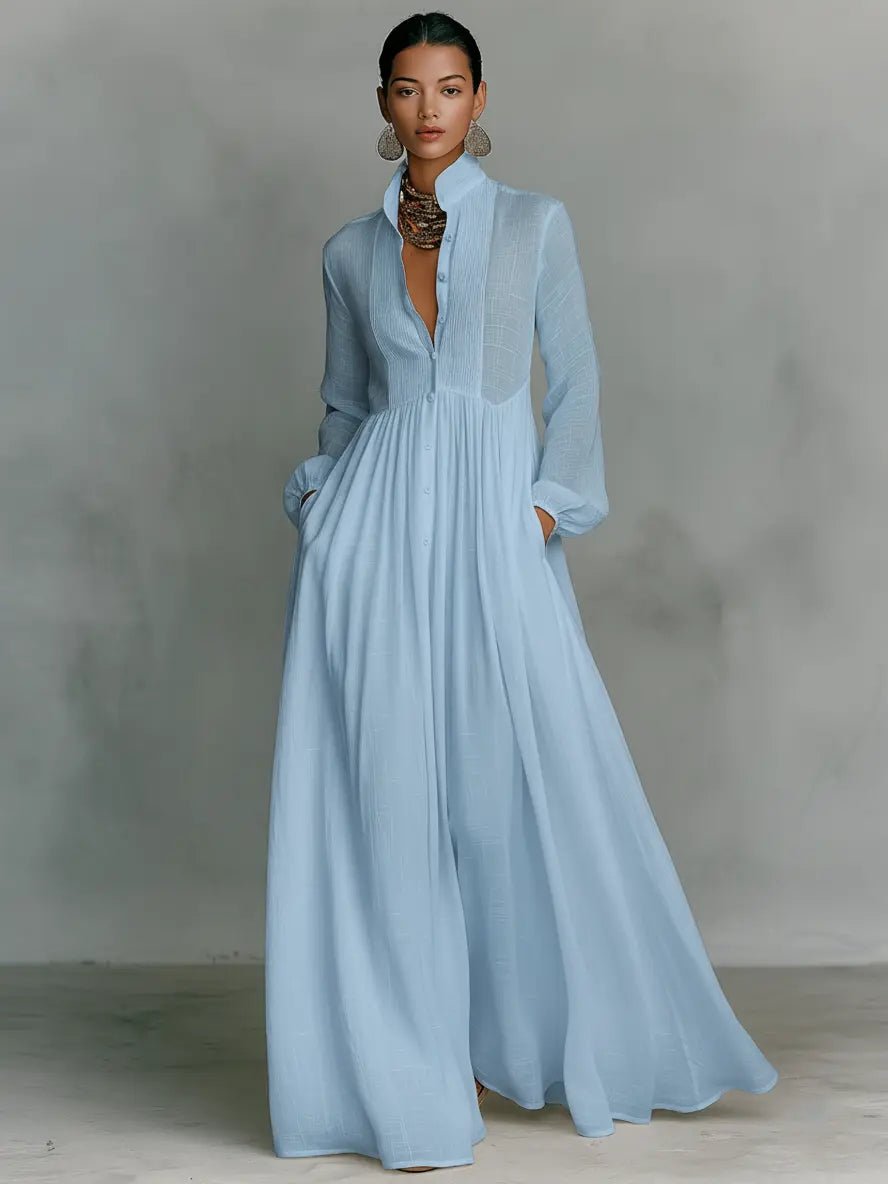 Evelyn — Robe Maxi Lin Coton Col Montant Boutonnee Noire Bleue Blanche