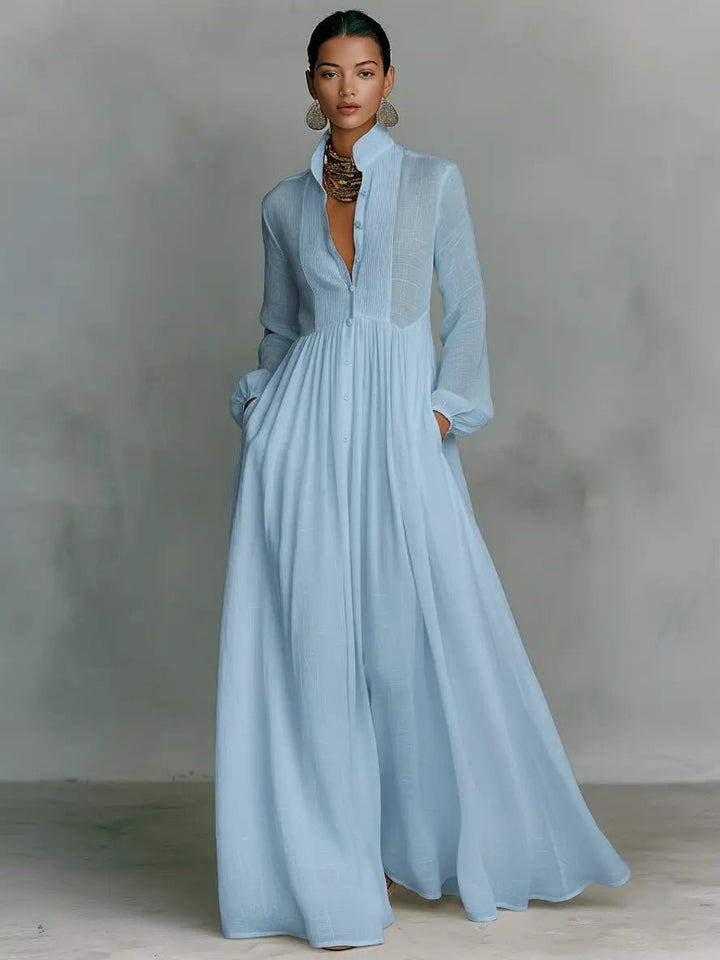Evelyn — Robe Maxi Lin Coton Col Montant Boutonnee Noire Bleue Blanche