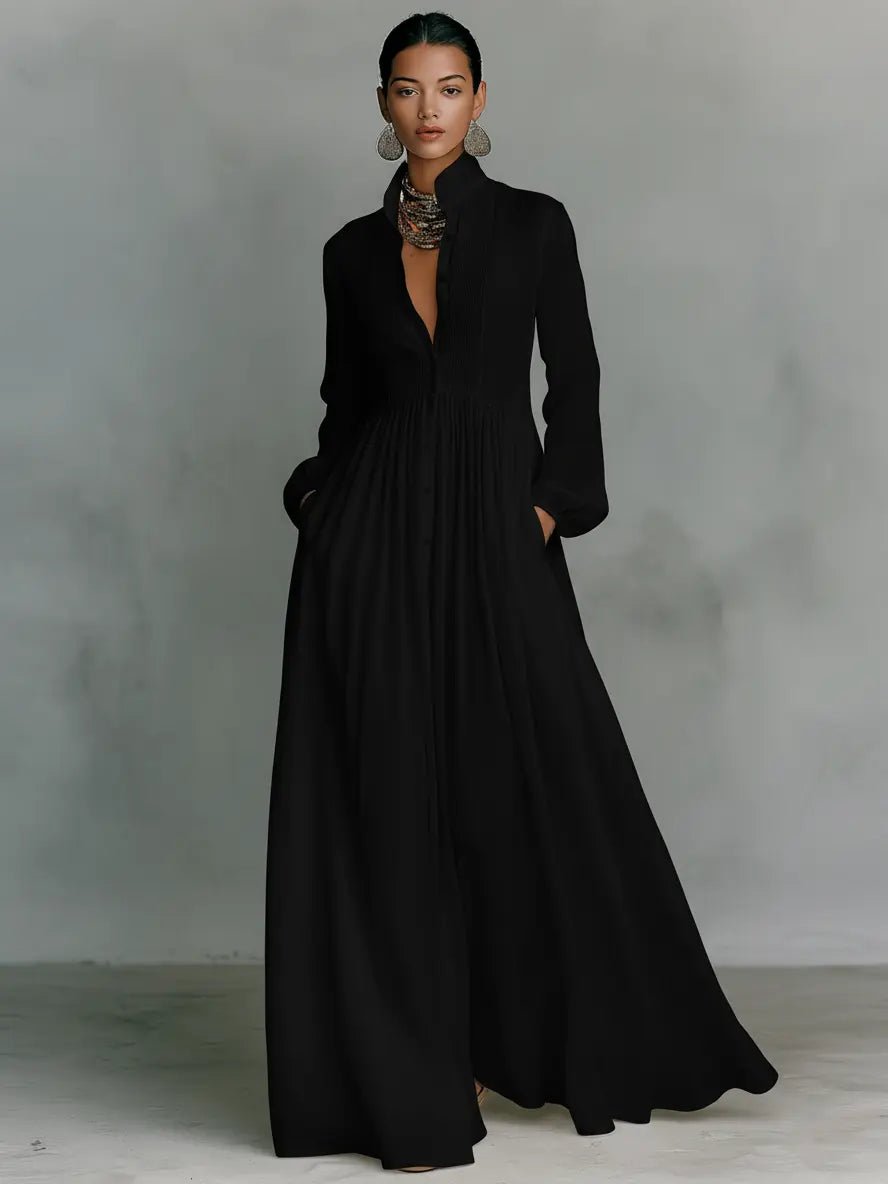 Evelyn — Robe Maxi Lin Coton Col Montant Boutonnee Noire Bleue Blanche