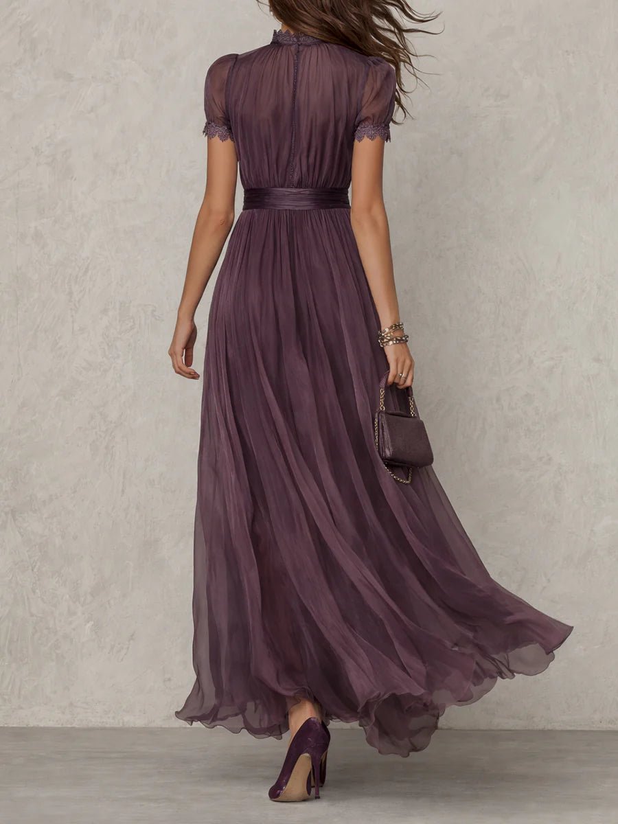 Scarlett — Robe Maxi Violette Manches Courtes Encolure Serrure Bouffantes