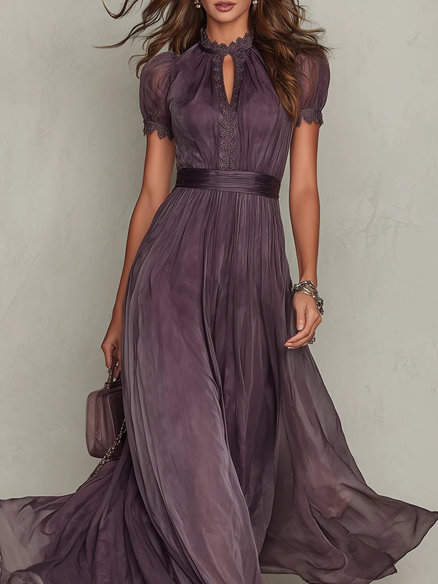 Scarlett — Robe Maxi Violette Manches Courtes Encolure Serrure Bouffantes