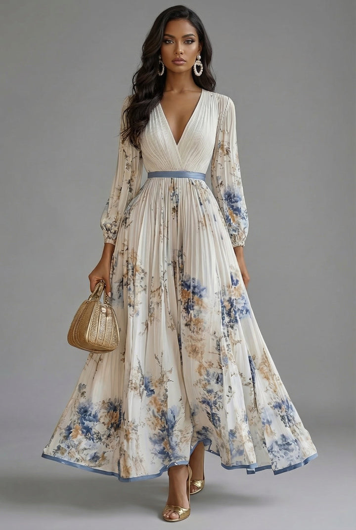 Evelyn — Robe Maxi Col V Manches Longues Plissee Florale Rose Blanche Bleue