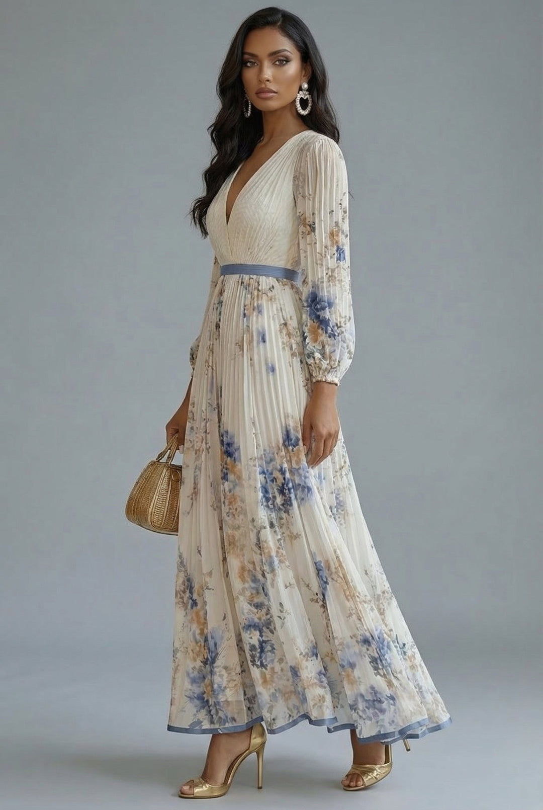 Evelyn — Robe Maxi Col V Manches Longues Plissee Florale Rose Blanche Bleue