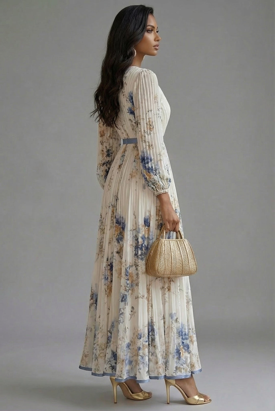 Evelyn — Robe Maxi Col V Manches Longues Plissee Florale Rose Blanche Bleue