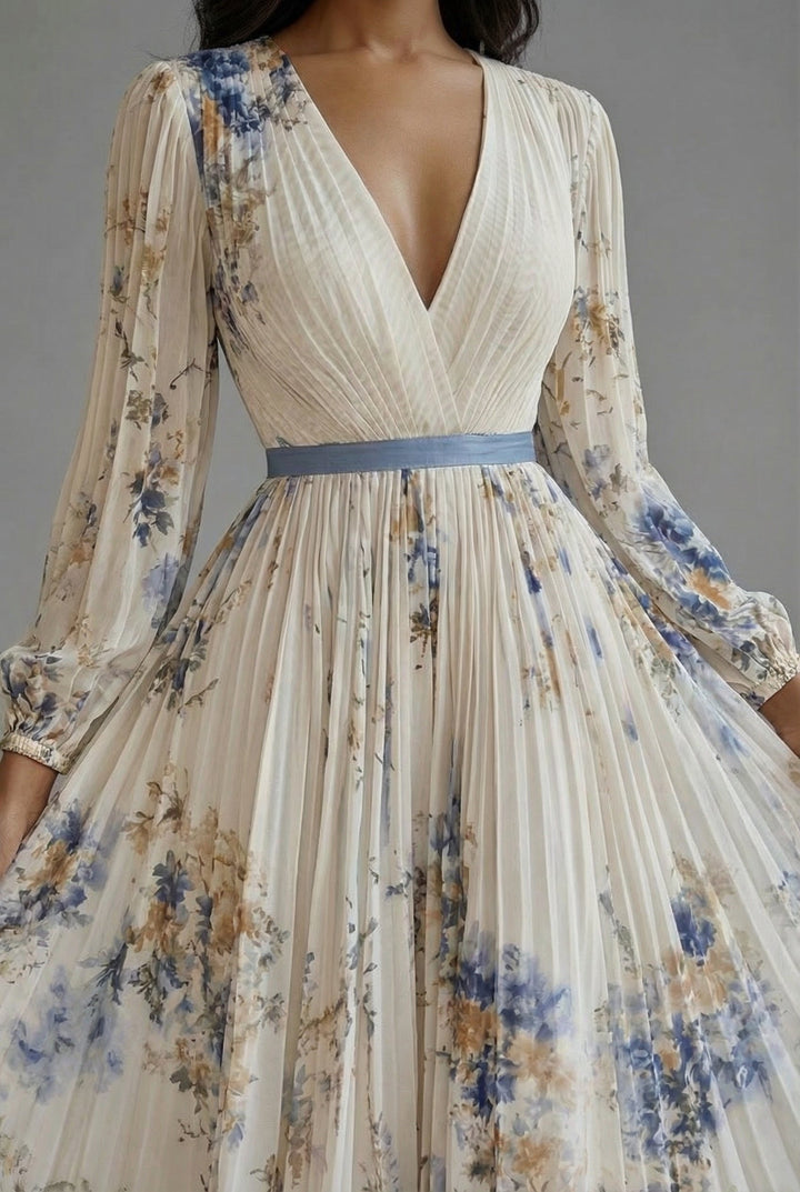 Evelyn — Robe Maxi Col V Manches Longues Plissee Florale Rose Blanche Bleue