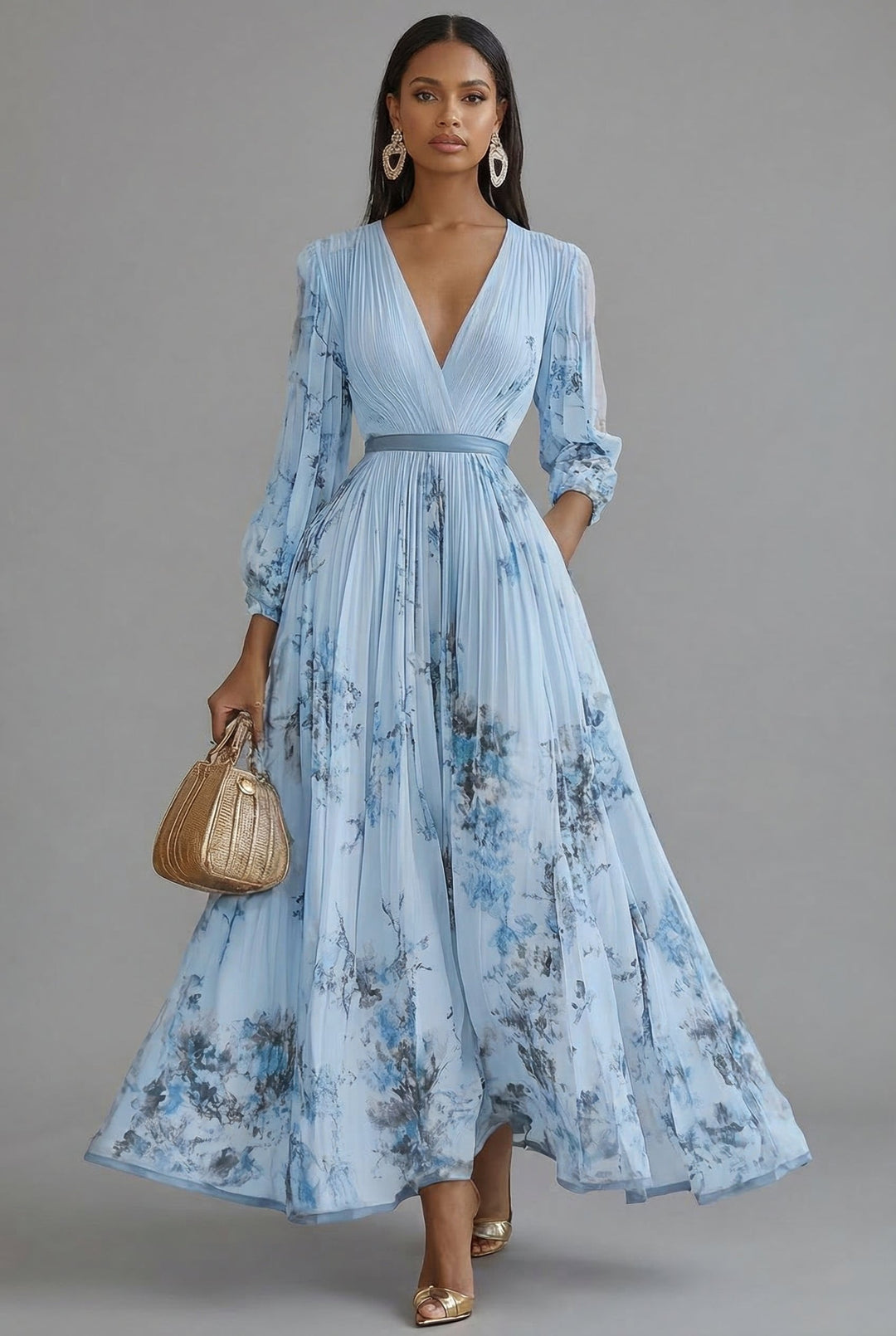 Evelyn — Robe Maxi Col V Manches Longues Plissee Florale Rose Blanche Bleue