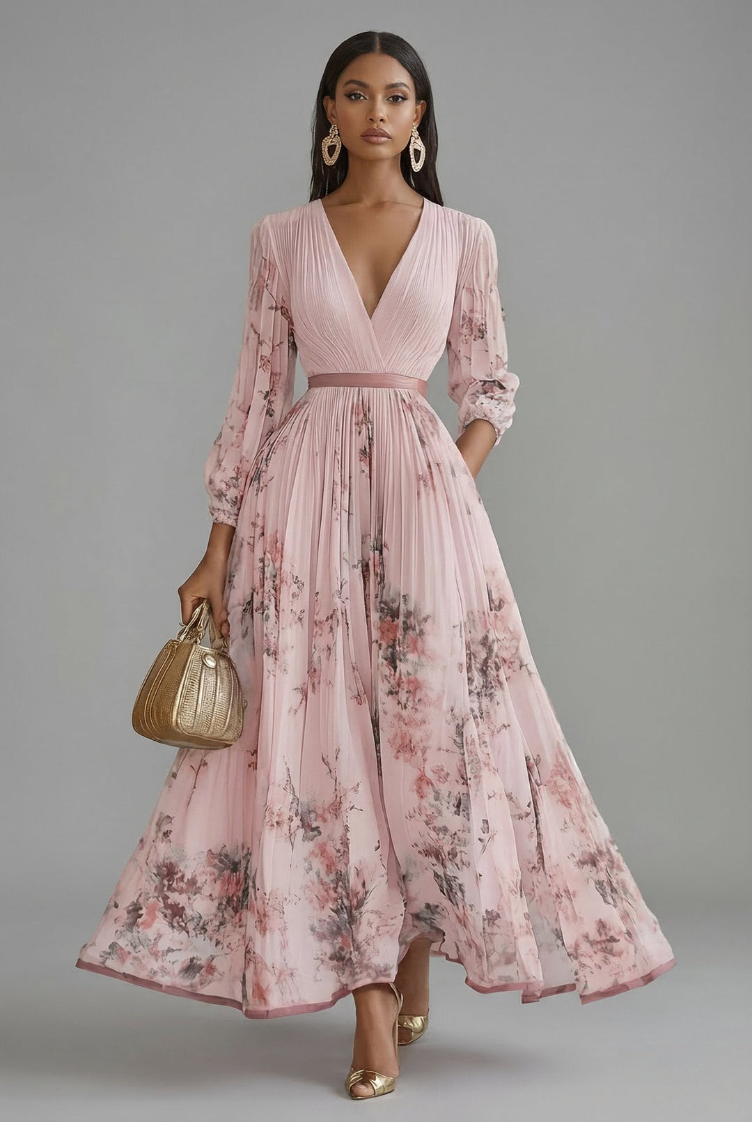 Evelyn — Robe Maxi Col V Manches Longues Plissee Florale Rose Blanche Bleue