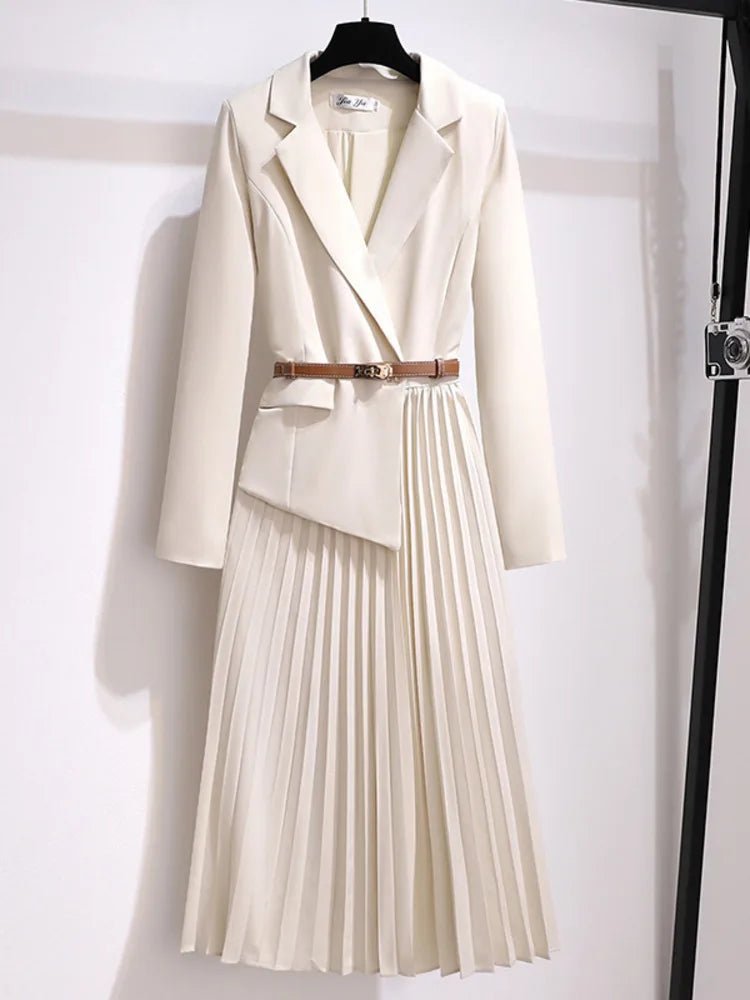 Grace — Robe Midi Style Blazer Ceinturee Plissee Beige Noire