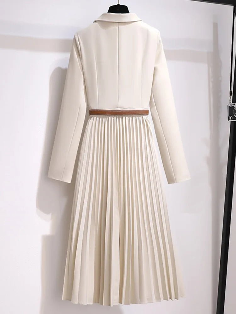 Grace — Robe Midi Style Blazer Ceinturee Plissee Beige Noire