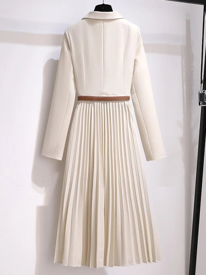 Grace — Robe Midi Style Blazer Ceinturee Plissee Beige Noire
