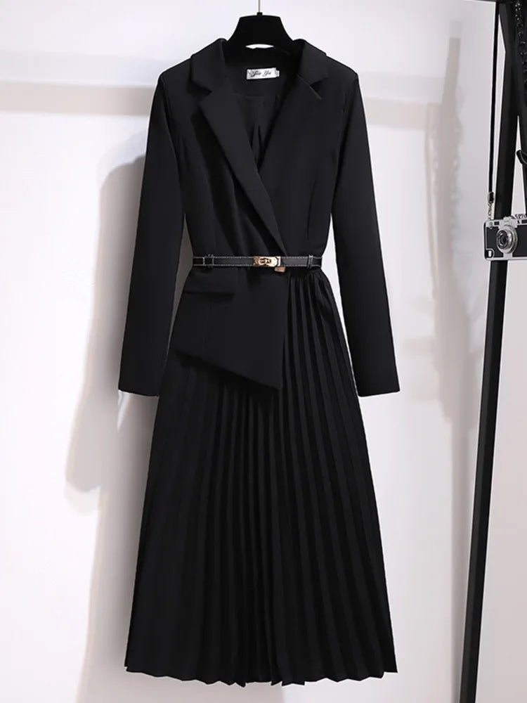 Grace — Robe Midi Style Blazer Ceinturee Plissee Beige Noire