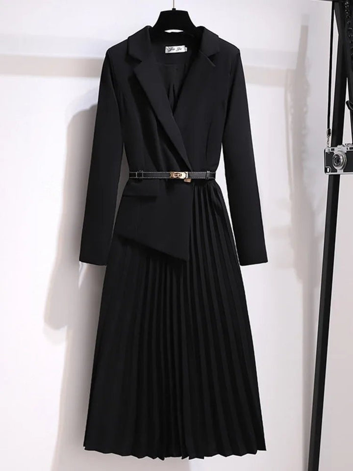 Grace — Robe Midi Style Blazer Ceinturee Plissee Beige Noire