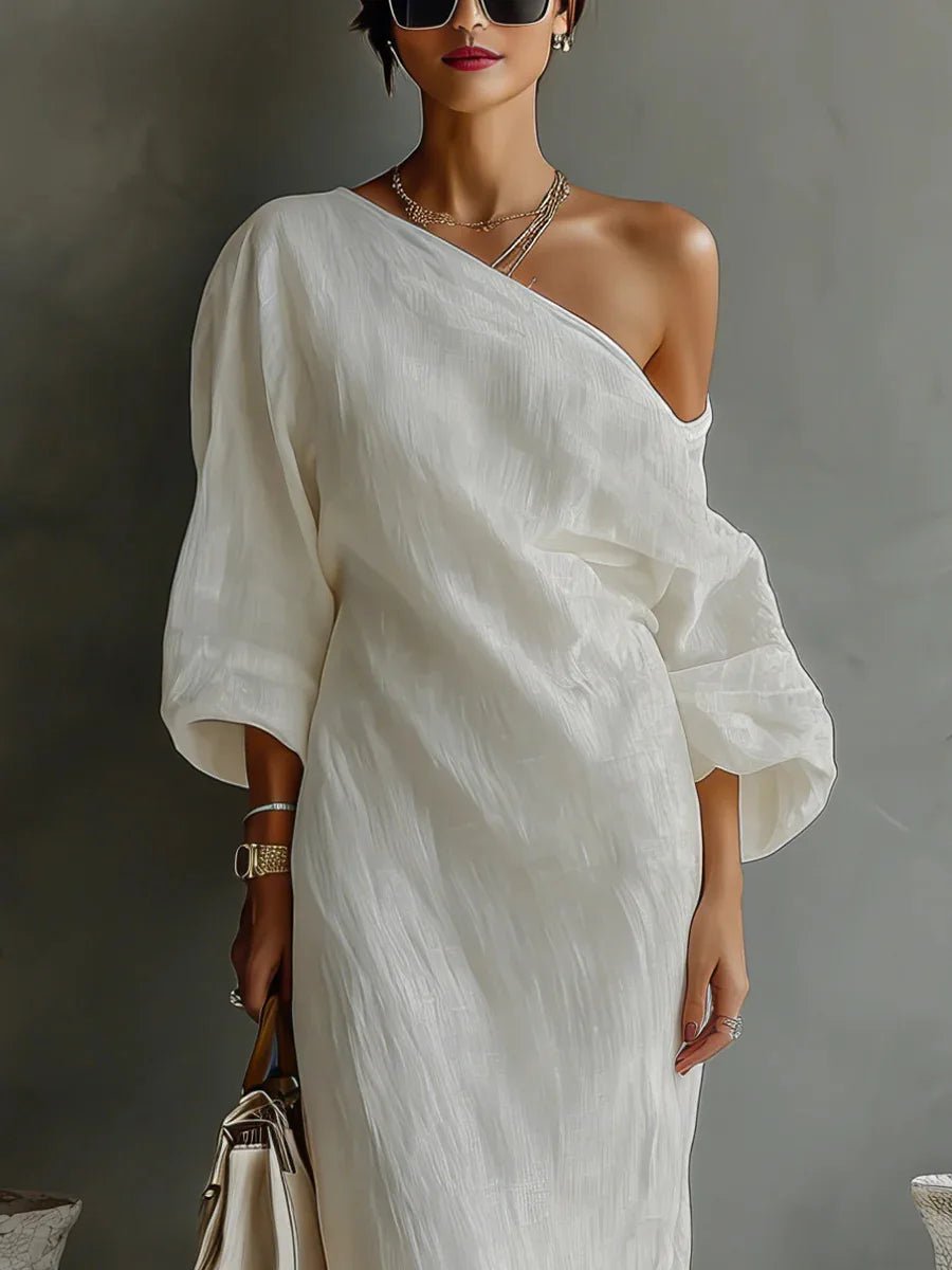 Evelyn — Robe Maxi Lin Une Epaule Asymetrique Relaxed Blanche Bleue Kaki Noire