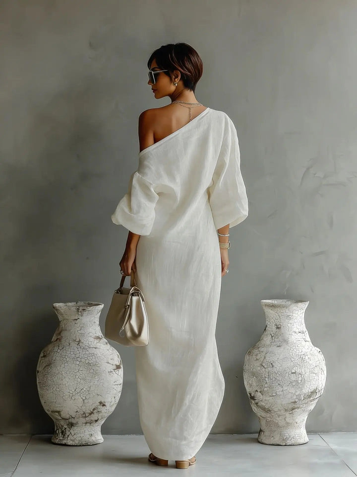 Evelyn — Robe Maxi Lin Une Epaule Asymetrique Relaxed Blanche Bleue Kaki Noire