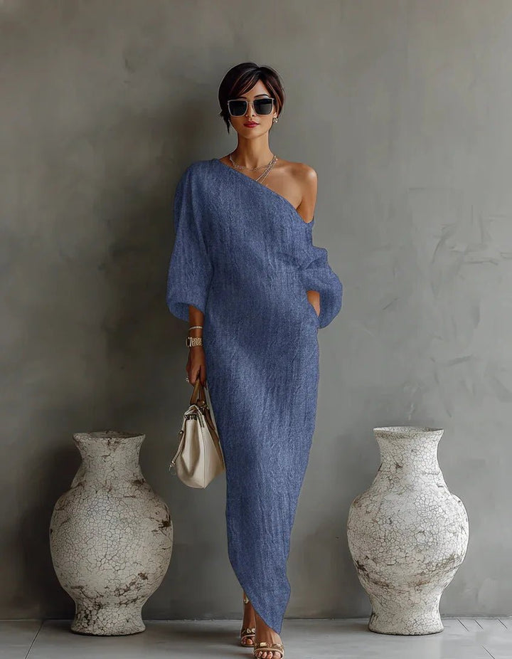 Evelyn — Robe Maxi Lin Une Epaule Asymetrique Relaxed Blanche Bleue Kaki Noire