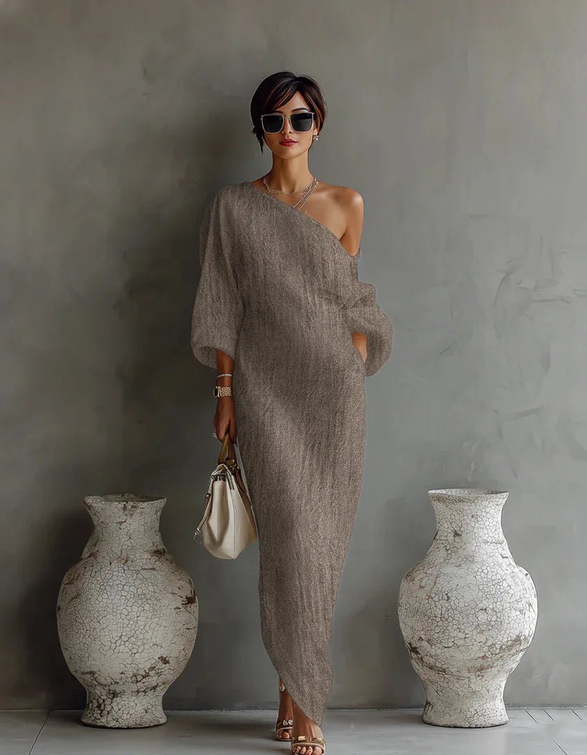 Evelyn — Robe Maxi Lin Une Epaule Asymetrique Relaxed Blanche Bleue Kaki Noire
