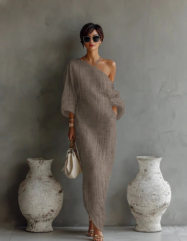 Evelyn — Robe Maxi Lin Une Epaule Asymetrique Relaxed Blanche Bleue Kaki Noire