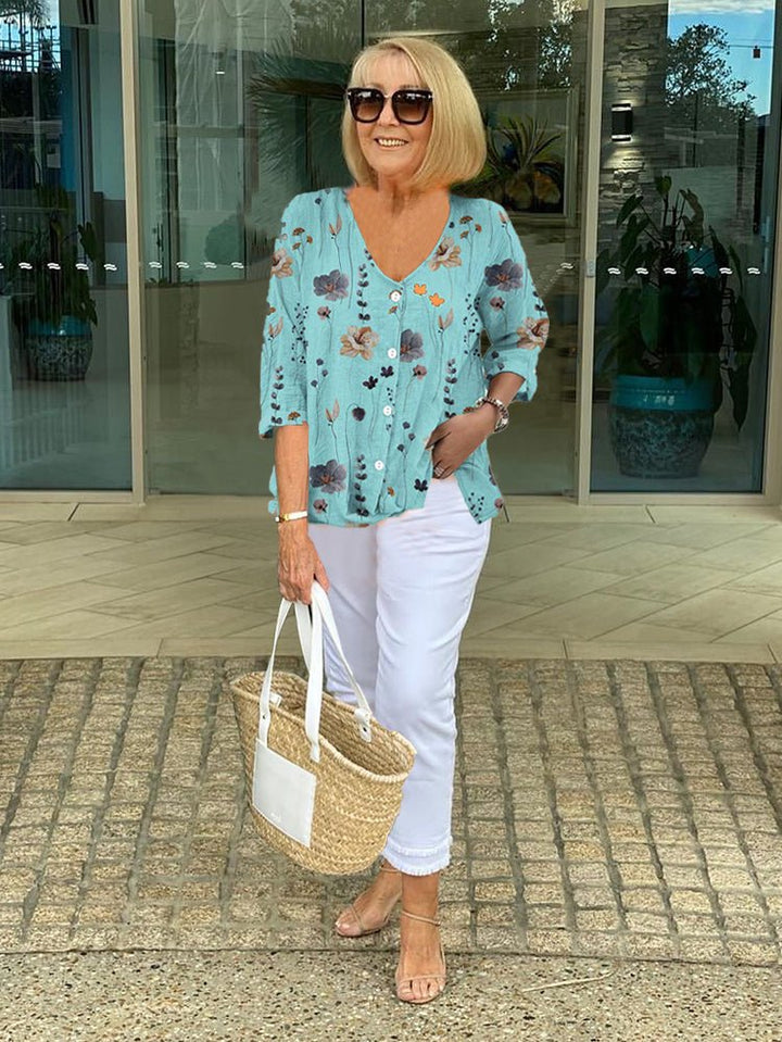Luna — Blouse Femme Florale Kaki, Bleue Pour Style Confirme