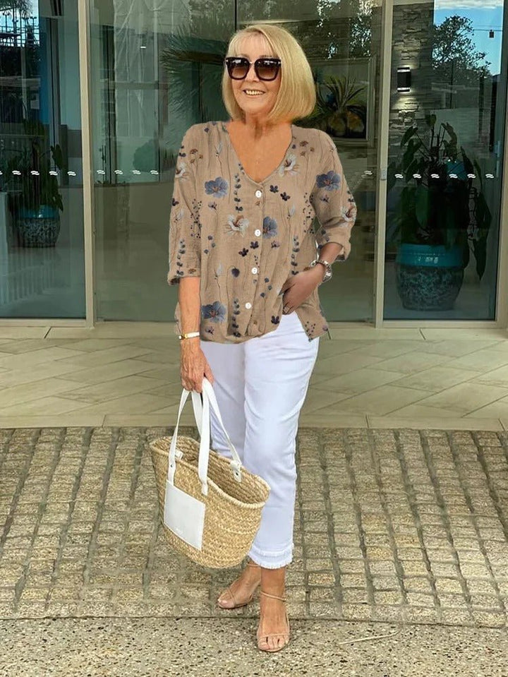 Luna — Blouse Femme Florale Kaki, Bleue Pour Style Confirme