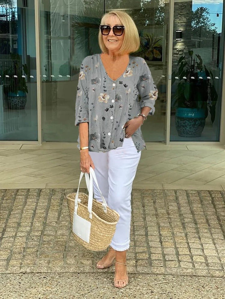 Luna — Blouse Femme Florale Kaki, Bleue Pour Style Confirme