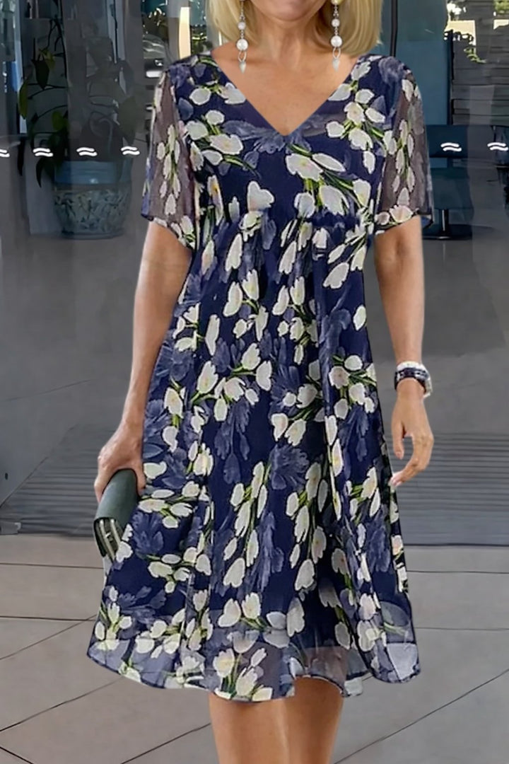 Isabella — Robe Midi Grande Taille Florale Col V Manches Courtes Ligne-A