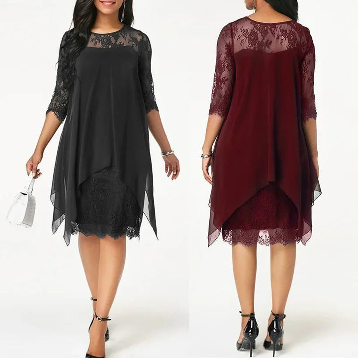 Scarlett — Robe Chiffon Dentelle Grande Taille Quart Manches Ourlet Asymetrique Bleu Marine Noire Bordeaux