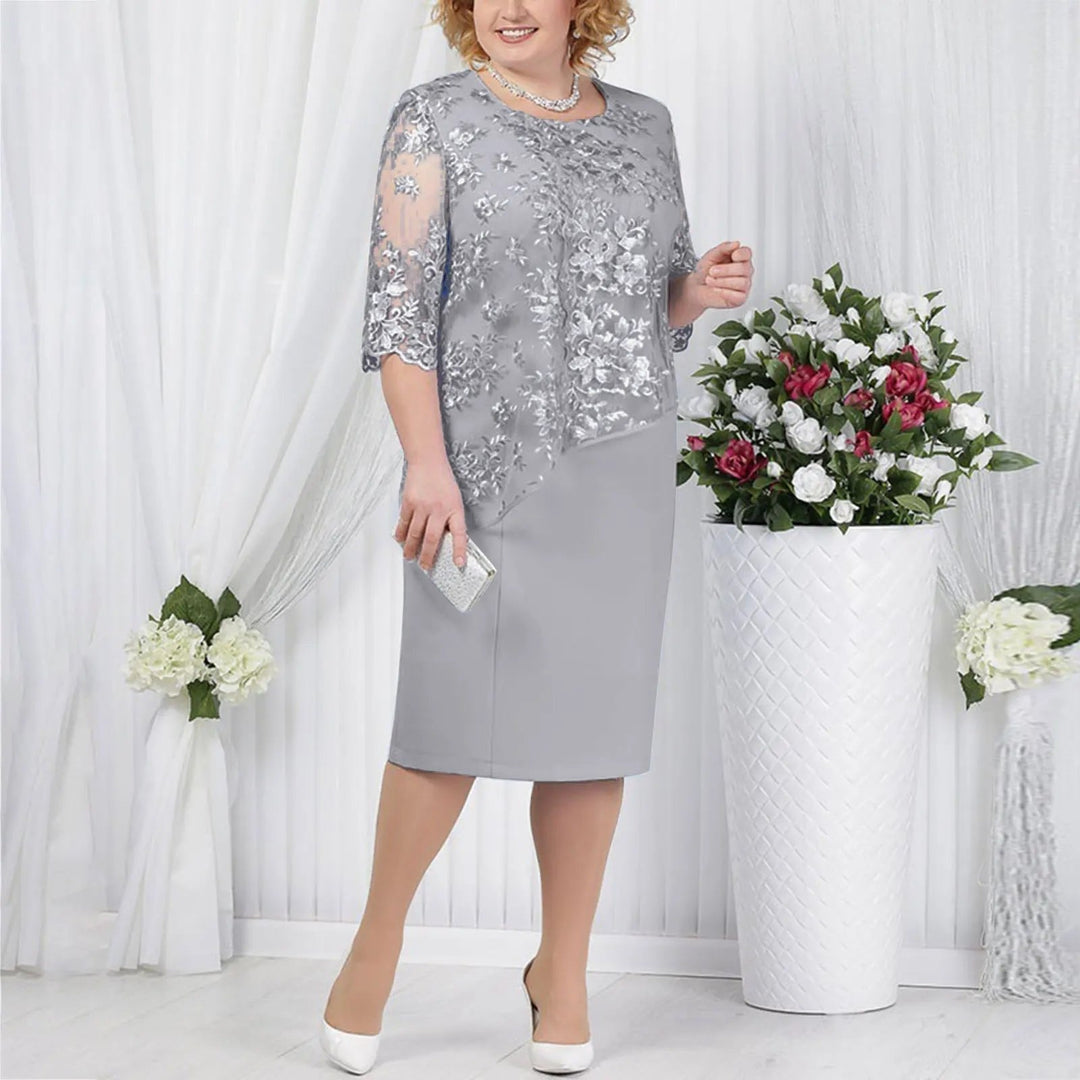 Isabella — Robe Midi Dentelle Brodee Grande Taille Formelle Rose Grise
